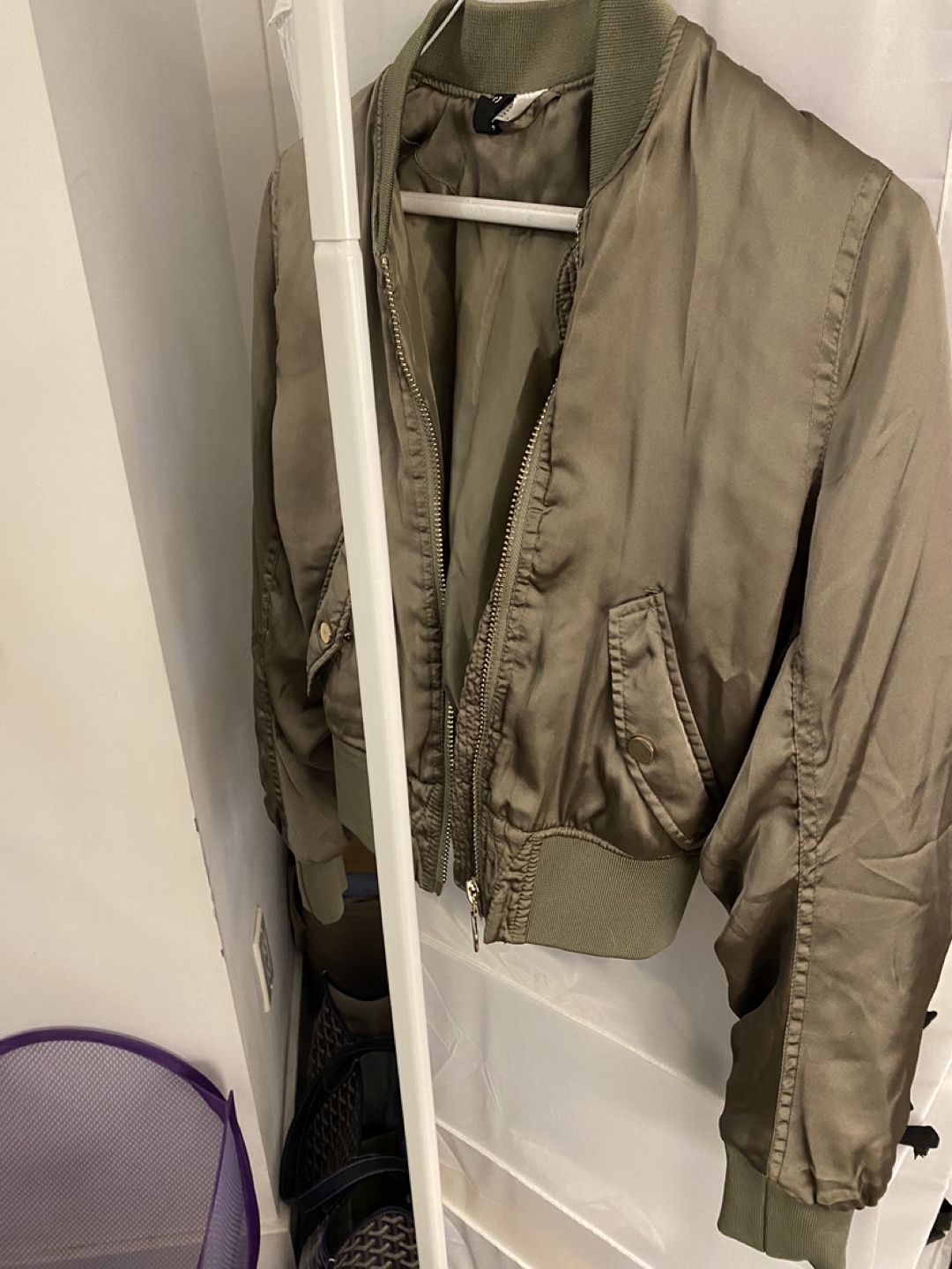 H&M Olive Green Satin Cropped Bomber Jacket