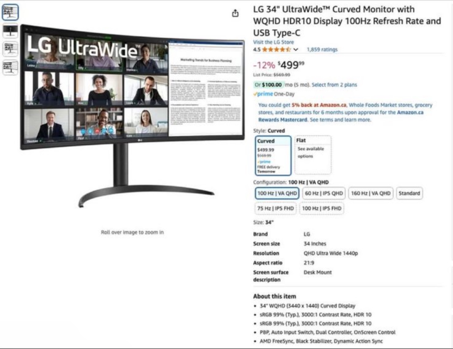 LG 34" UltraWide Curved Monitor - 34WR550C - 100Hz Refresh Rate - photo 2