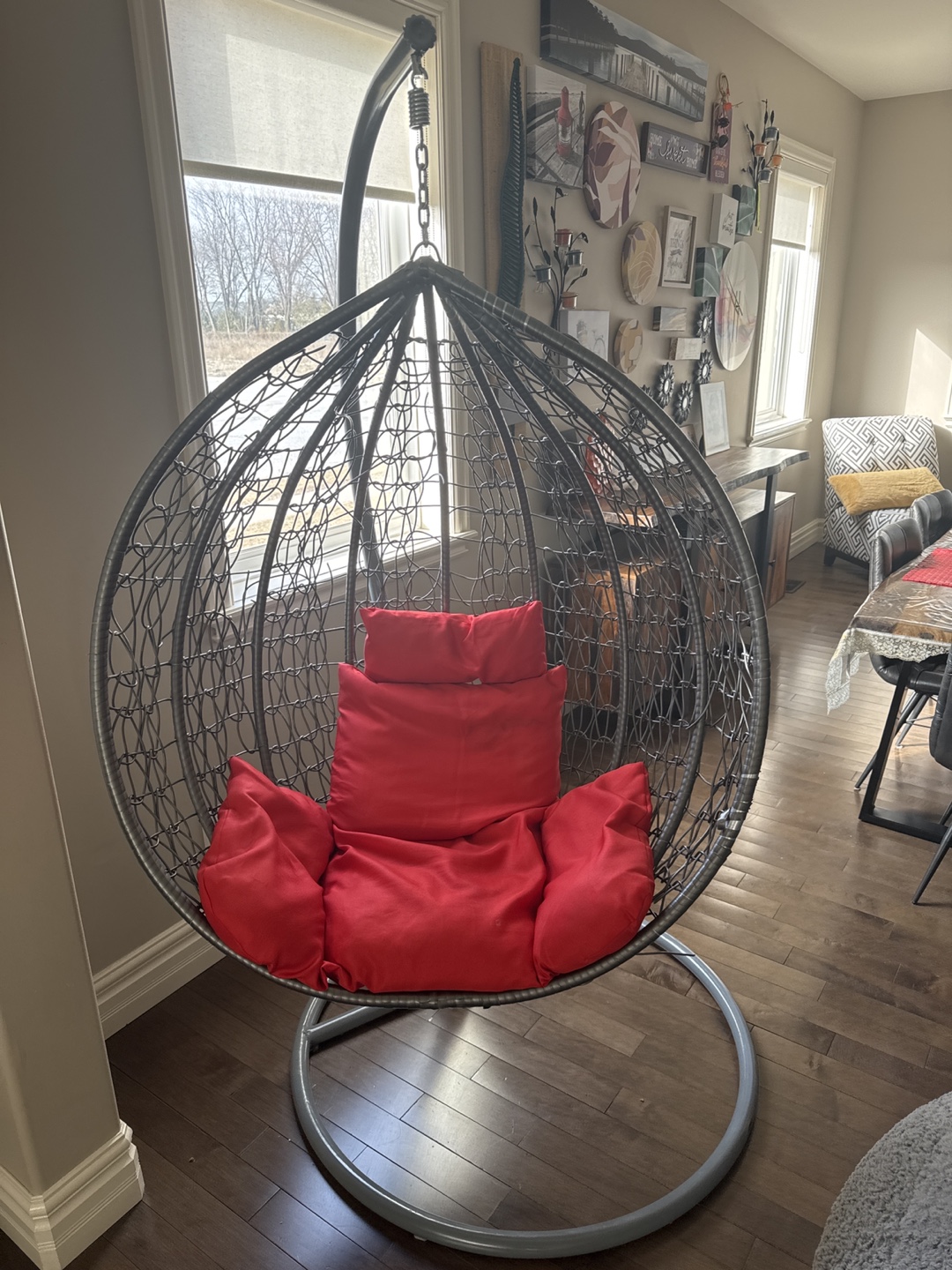 Hanging Egg Chair with Red Cushions