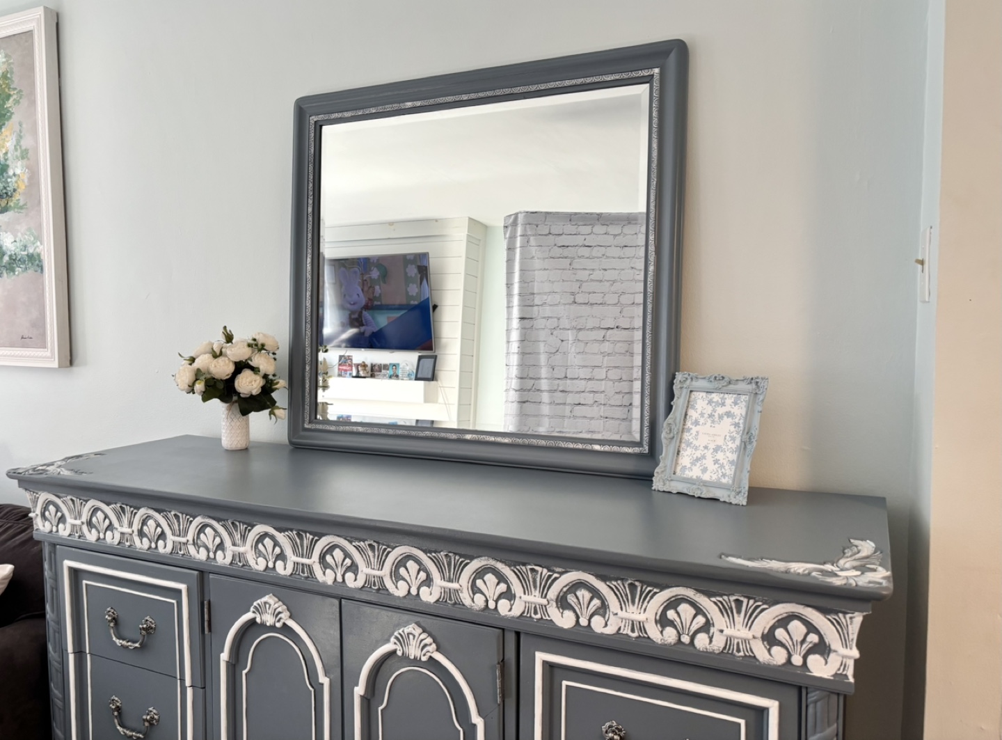 Vintage Gray/Blue and White Painted Dresser with Mirror - photo 5