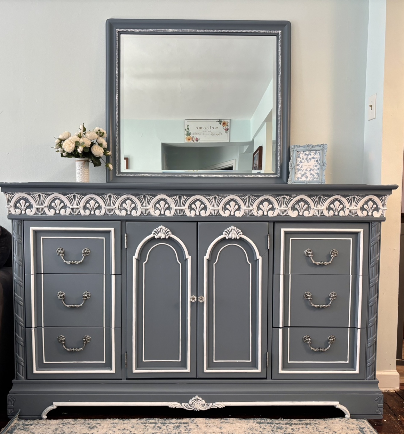 Vintage Gray/Blue and White Painted Dresser with Mirror