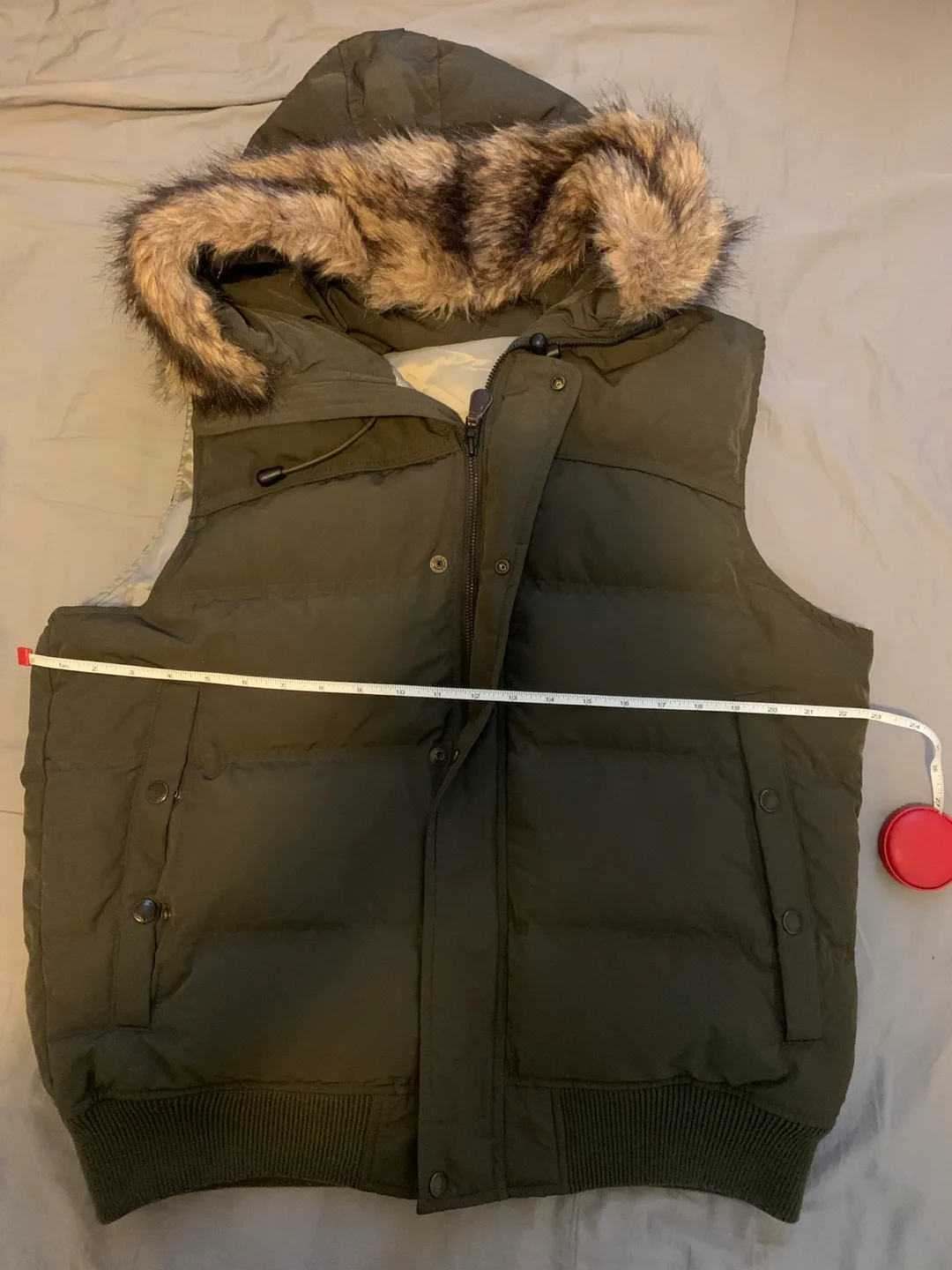 Men's Olive Green Puffer Vest with Faux Fur Hood image indicator(2)
