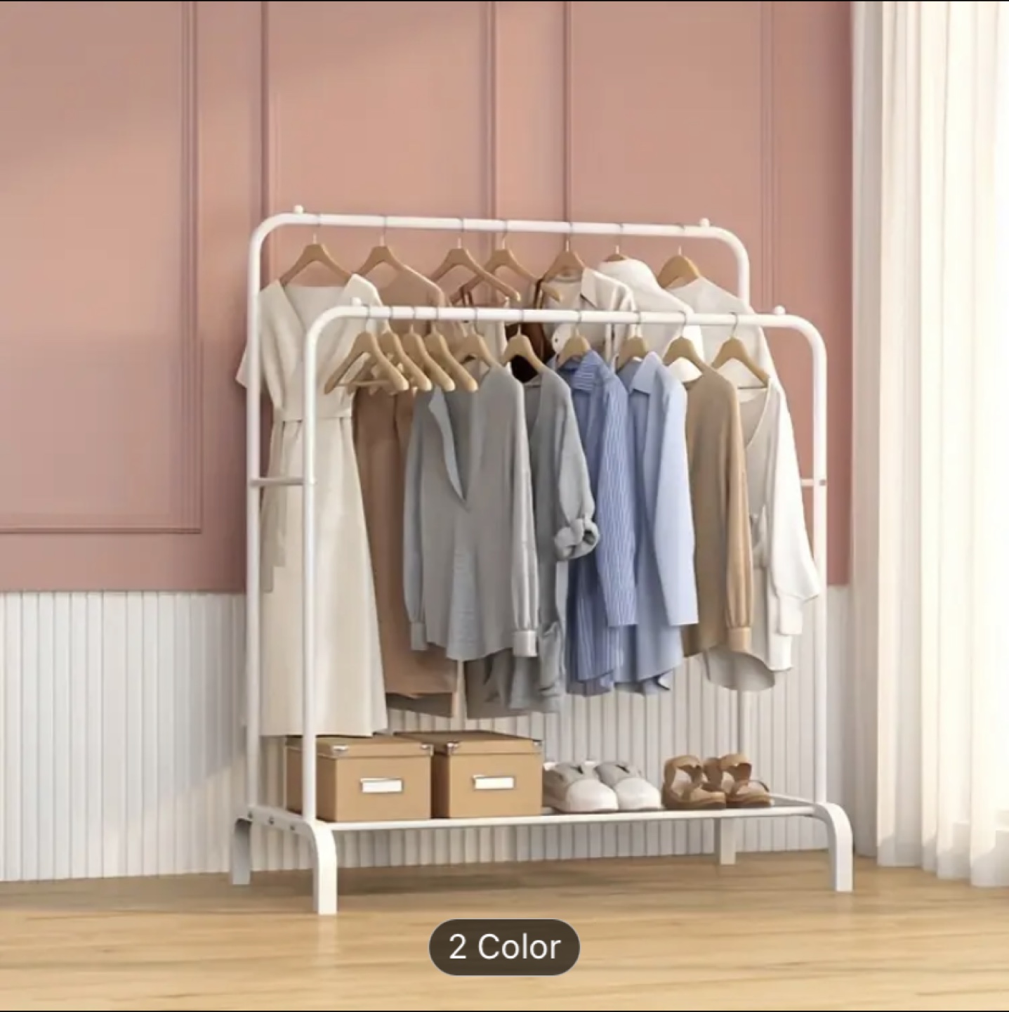 Double Rod Clothes Rack with Shelf