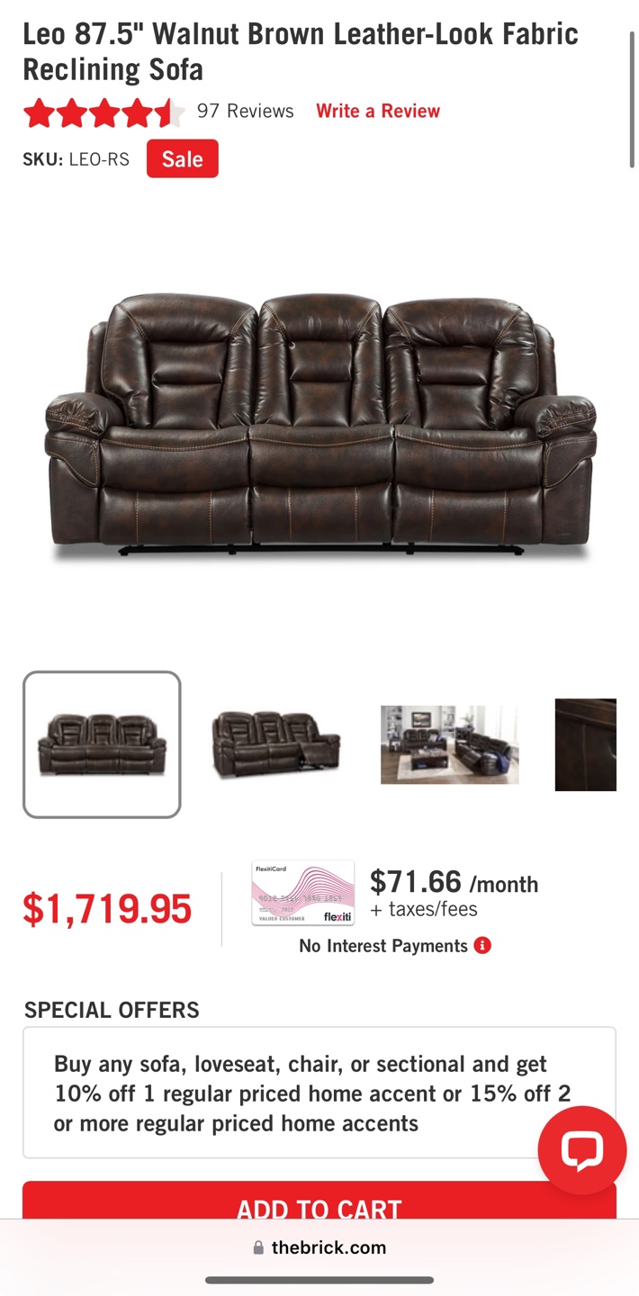 Reclining Sofa - Walnut Brown Leather-Look