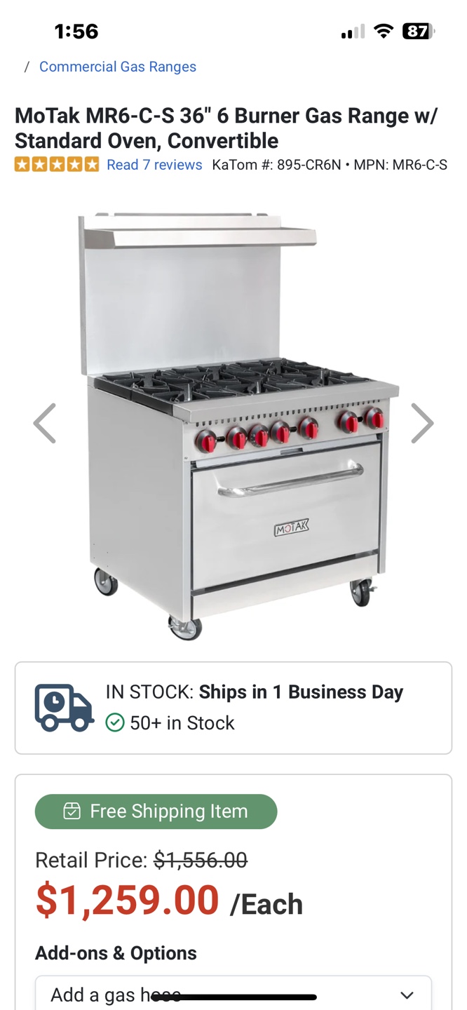 MoTak MR6-C-S 36" 6 Burner Gas Range with Standard Oven