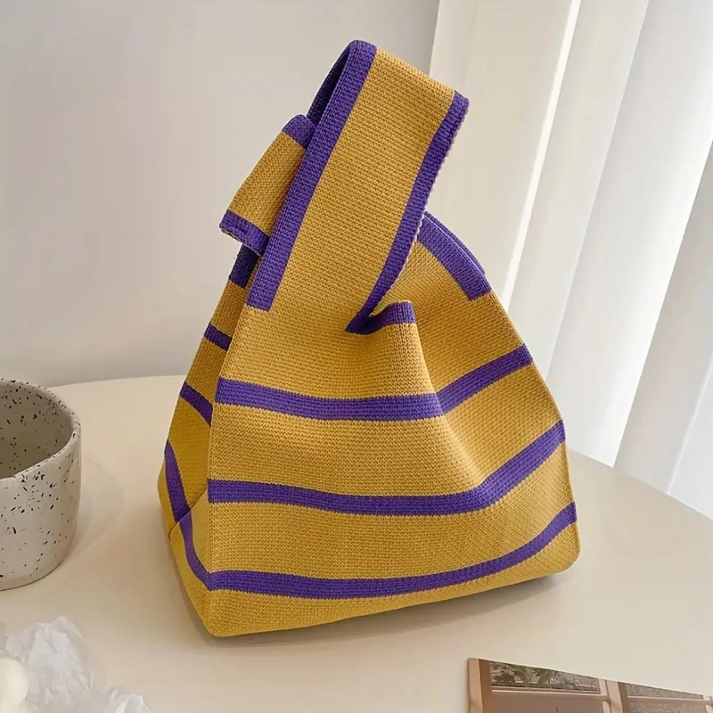 Mustard Yellow and Purple Striped Knit Tote Bag thumbnail