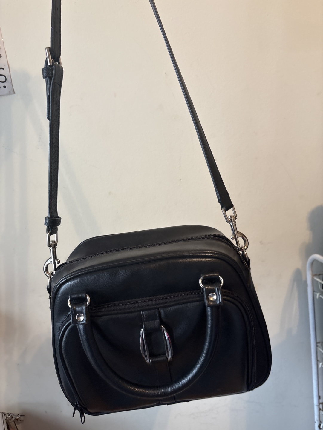 Black Leather Handbag with Shoulder Strap