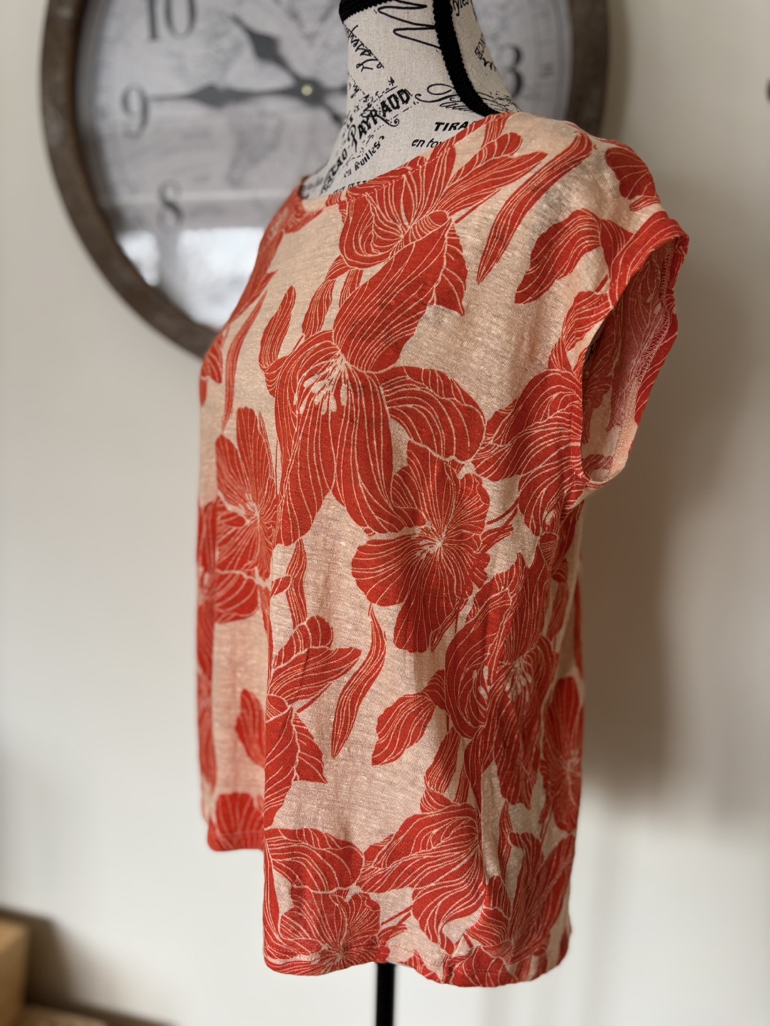 Tahari 100% Linen Orange Floral Top, Size L - photo 4