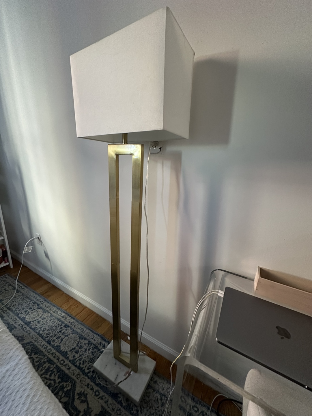 Gold Floor Lamp with White Shade and Marble Base