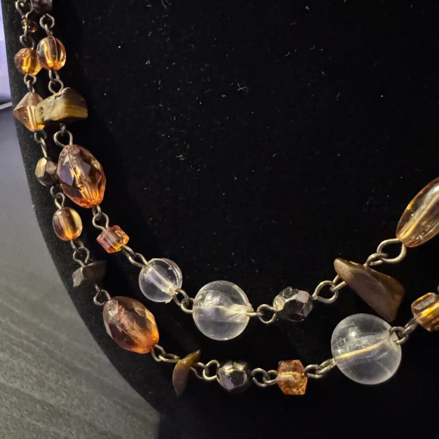 Long Beaded Station Necklace Synthetic Amber & Clear Glass Bead image indicator(5)