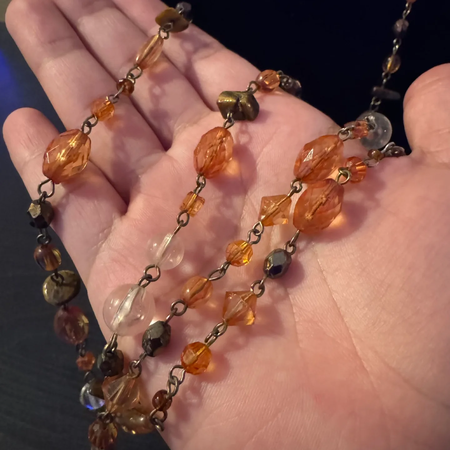 Long Beaded Station Necklace Synthetic Amber & Clear Glass Bead image indicator(3)