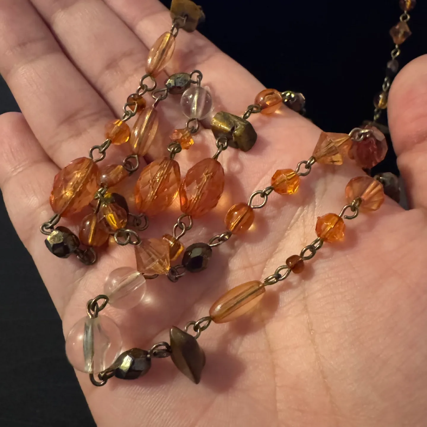 Long Beaded Station Necklace Synthetic Amber & Clear Glass Bead image indicator(4)