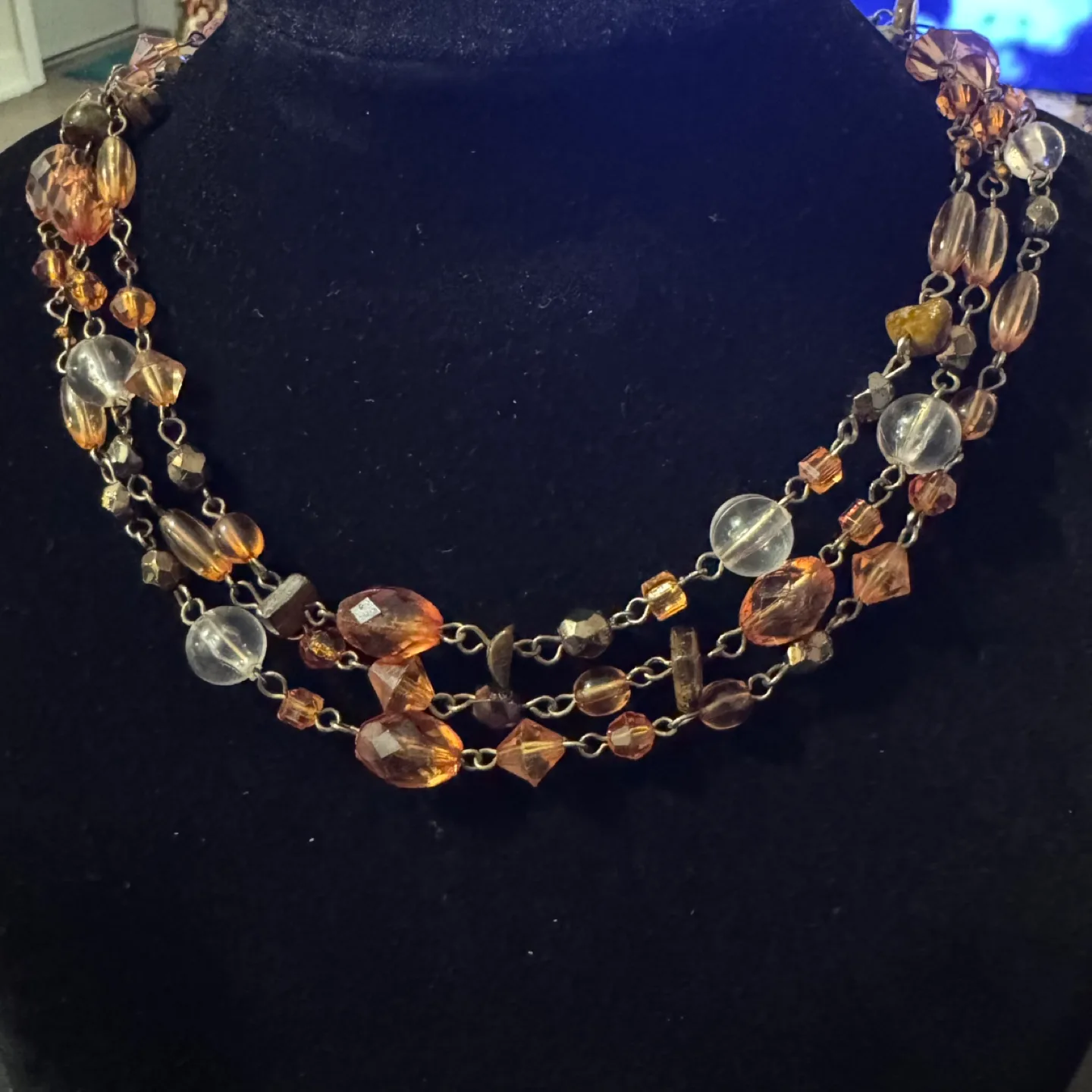 Long Beaded Station Necklace Synthetic Amber & Clear Glass Bead image indicator(2)