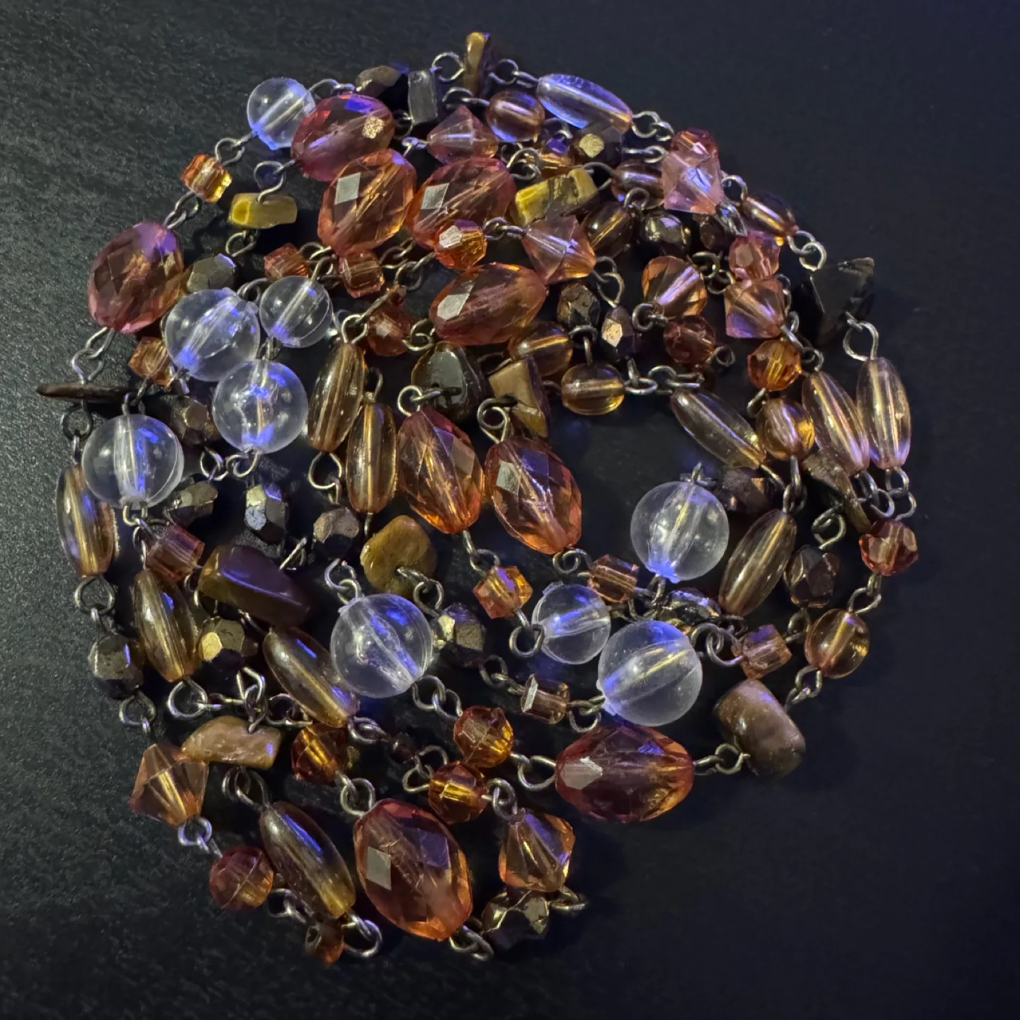 Long Beaded Station Necklace Synthetic Amber & Clear Glass Bead image indicator(7)