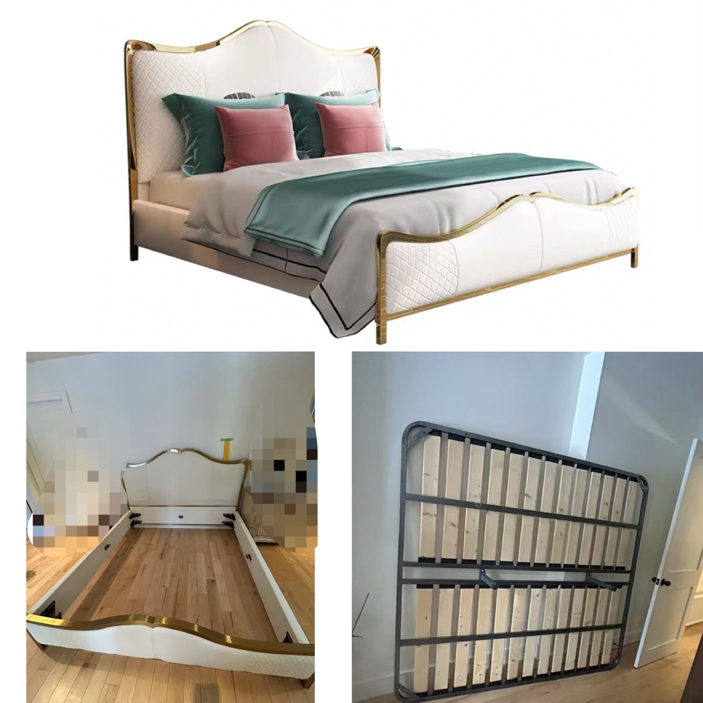 king Size Upholstered Bed Frame with Gold Accents