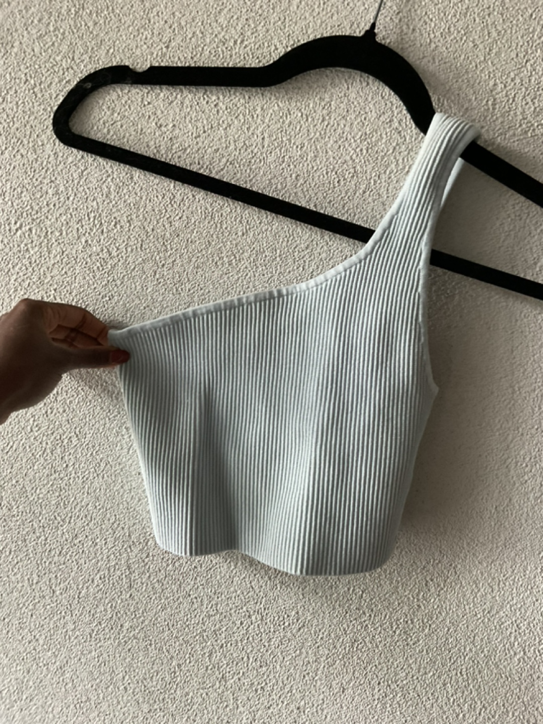 Babaton Light Blue Ribbed One Shoulder Crop Top