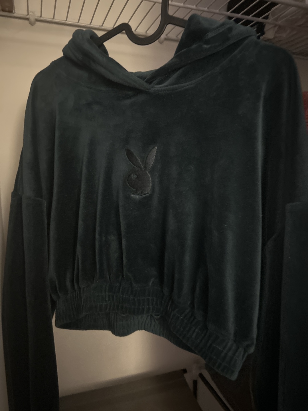 Playboy Crop Hoodie (dark green velvet) - photo 3
