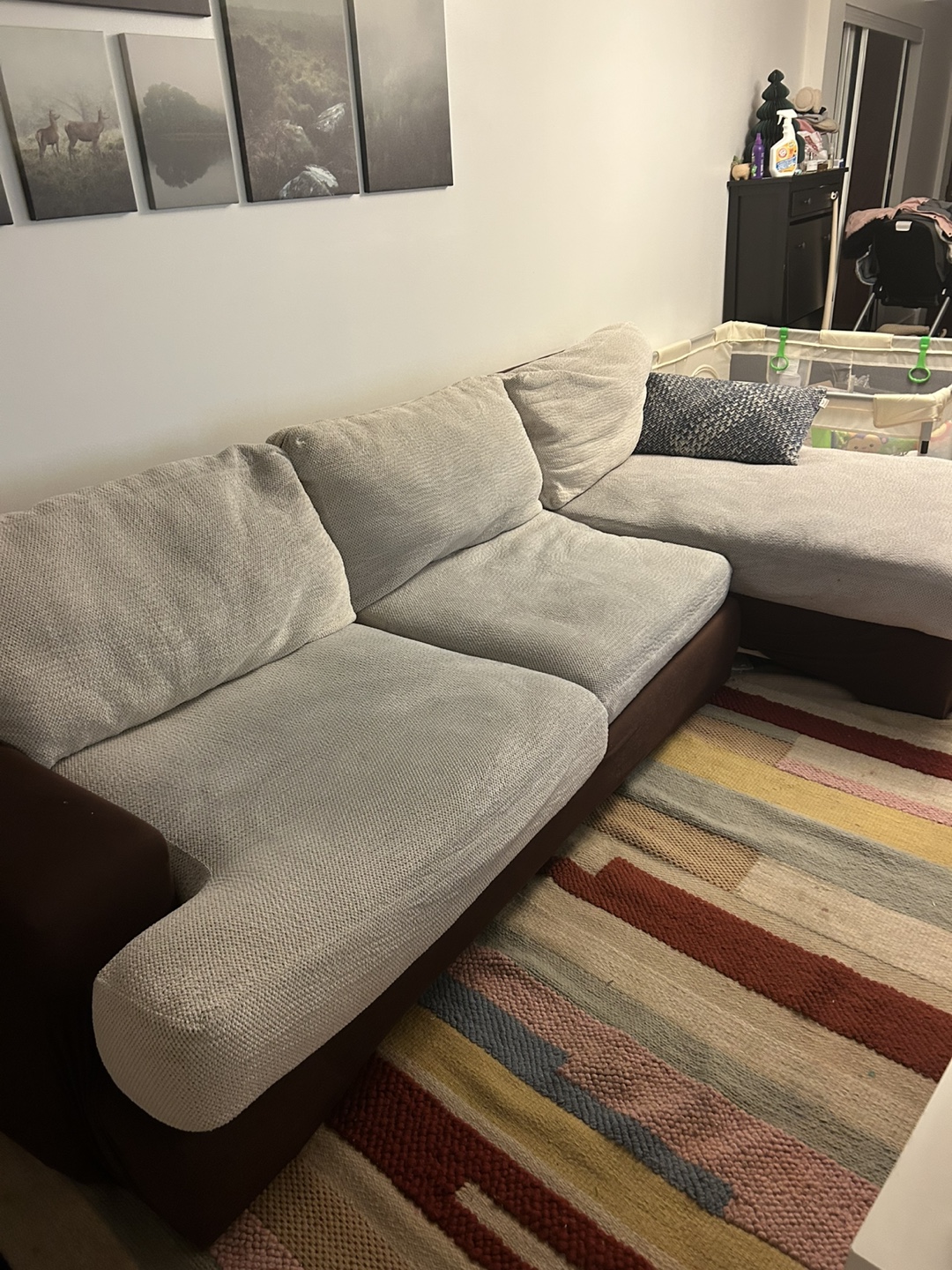 Beige and Brown L-Shaped Sectional Sofa - photo 2