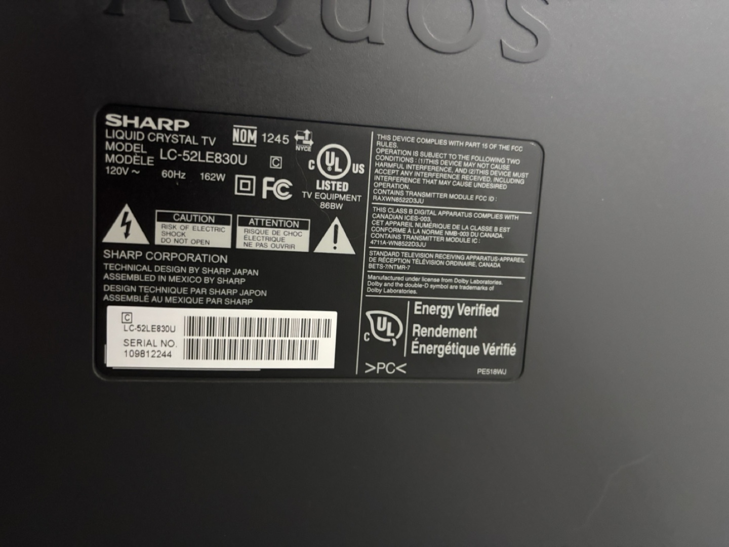 Sharp LC-52LE830U 52" Aquos LED TV - photo 3
