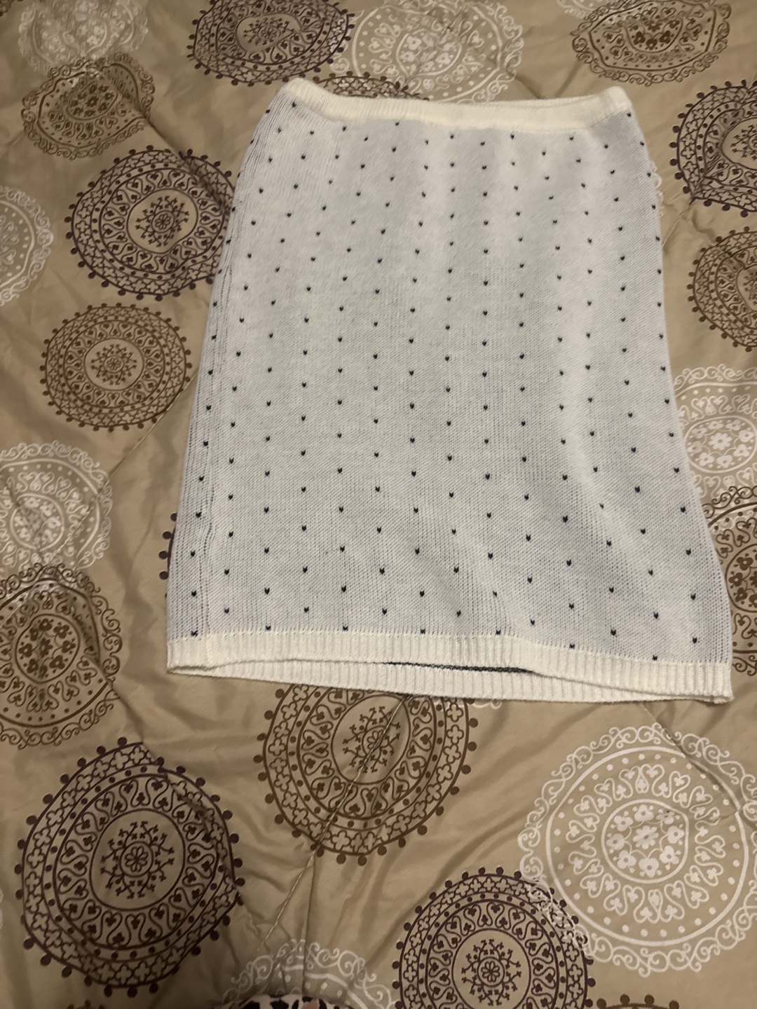 Cream Knit Pencil Skirt with Dark Dots
