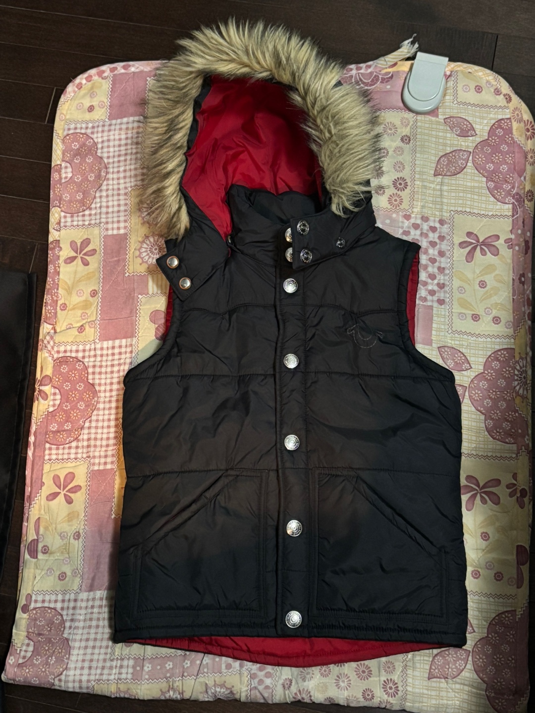 True Religion Black Puffer Vest with Faux Fur Hood