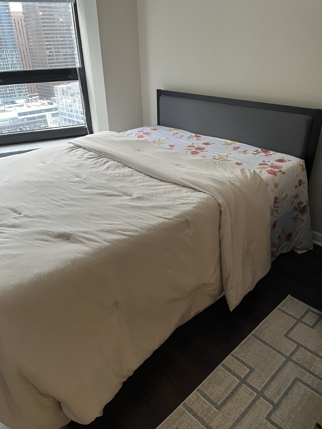 Queen Size Metal Platform Bed Frame with Upholstered Headboard