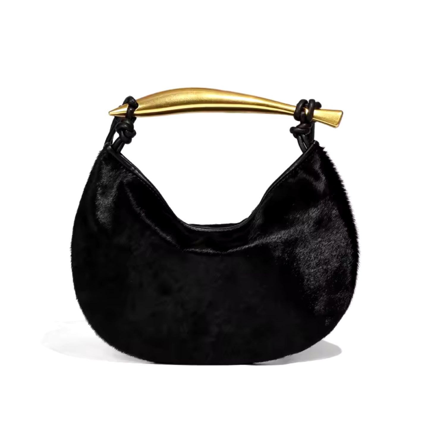 Black Pony Hair-on-Hide Half-Moon Bag with Gold Sardine Handle