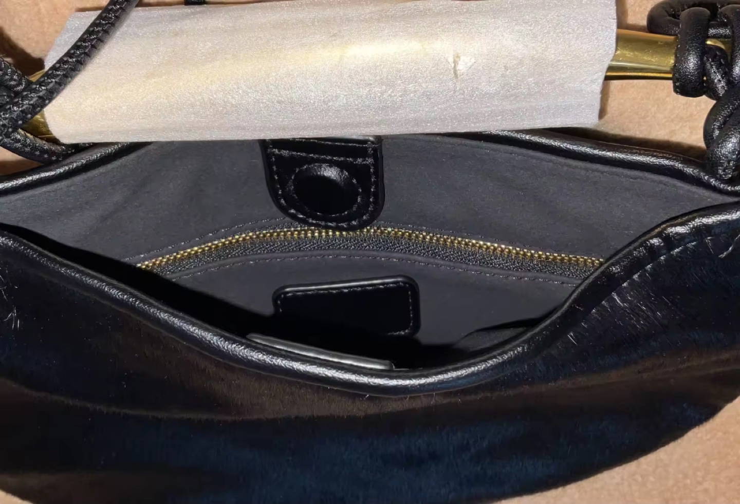 Black Pony Hair-on-Hide Half-Moon Bag with Gold Sardine Handle - photo 3