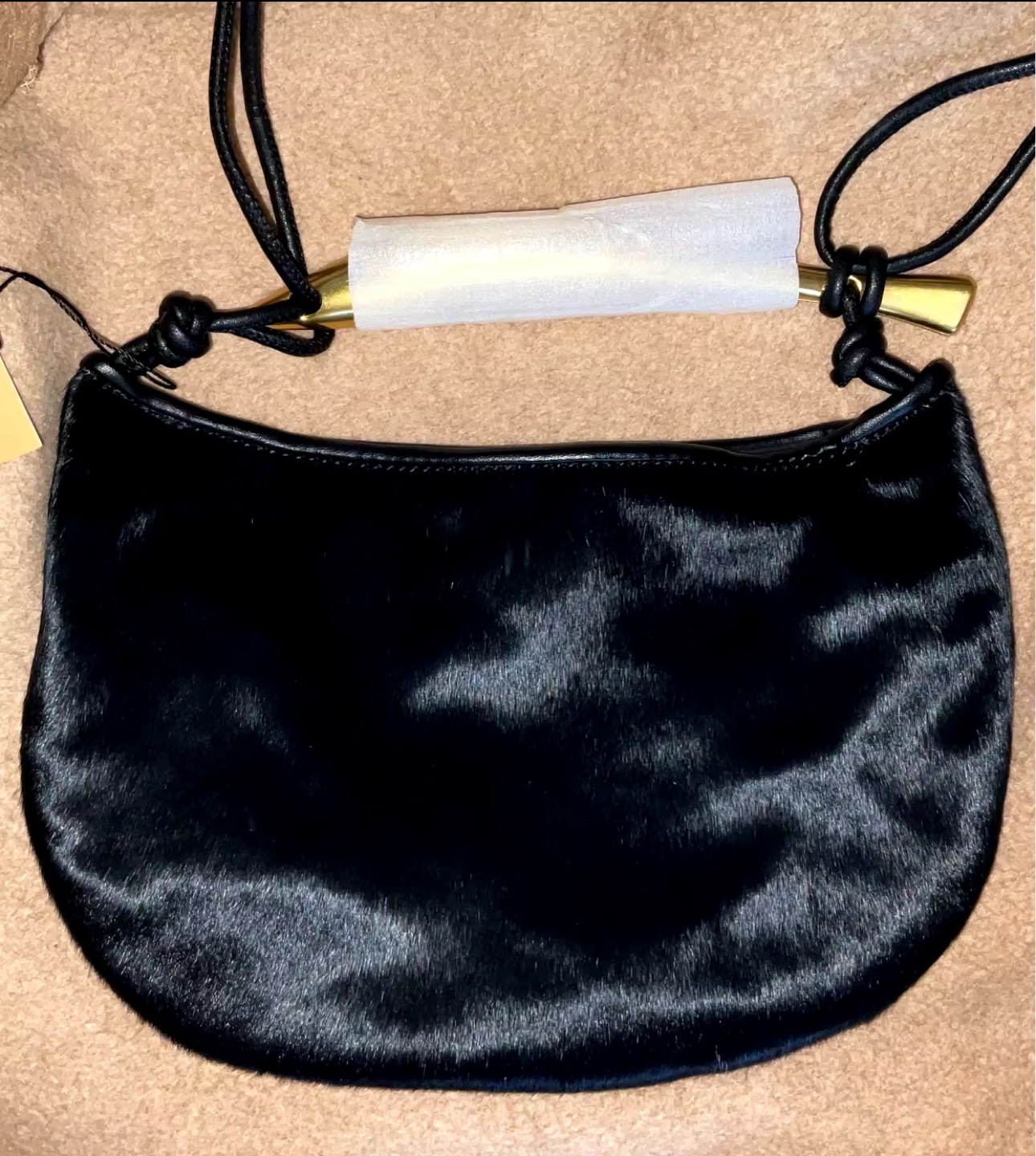 Black Pony Hair-on-Hide Half-Moon Bag with Gold Sardine Handle - photo 2