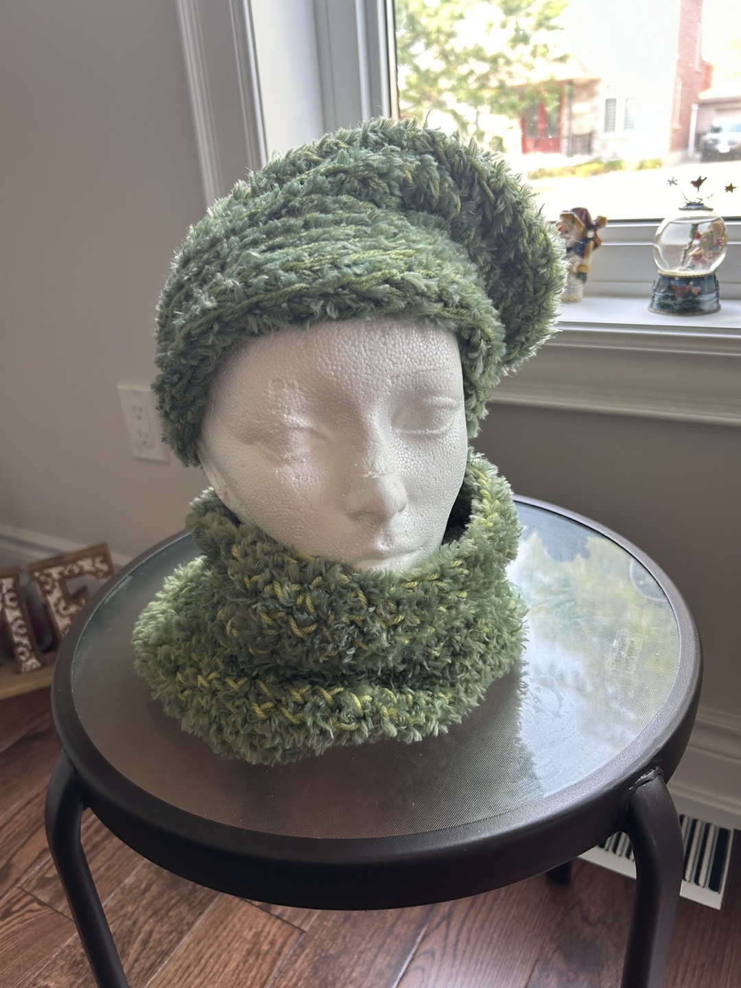 Handmade Sage Green Beret and Neck Warmer Set