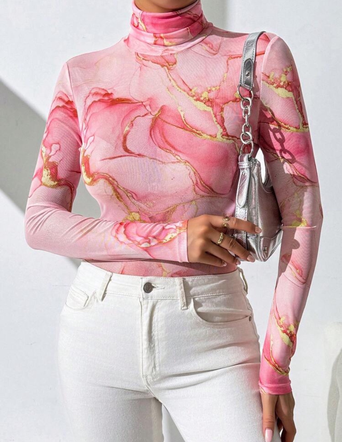 Pink Marble Print Mock Neck Bodysuit - photo 2