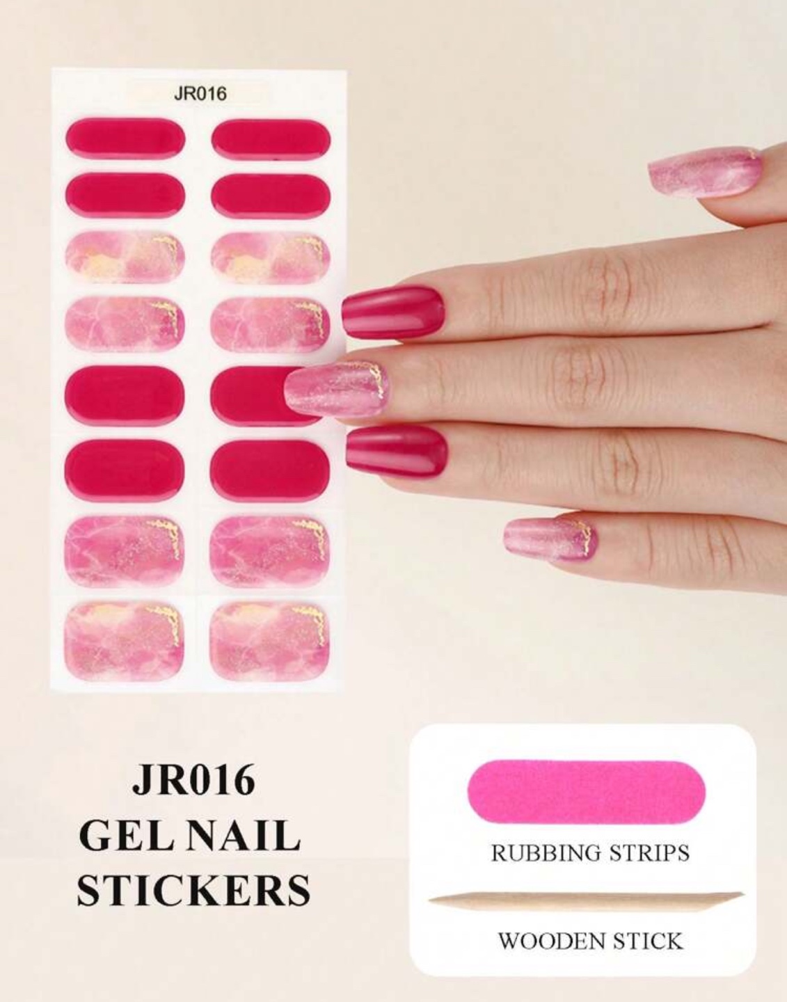 JR016 Gel Nail Stickers - Pink Marble & Solid Red