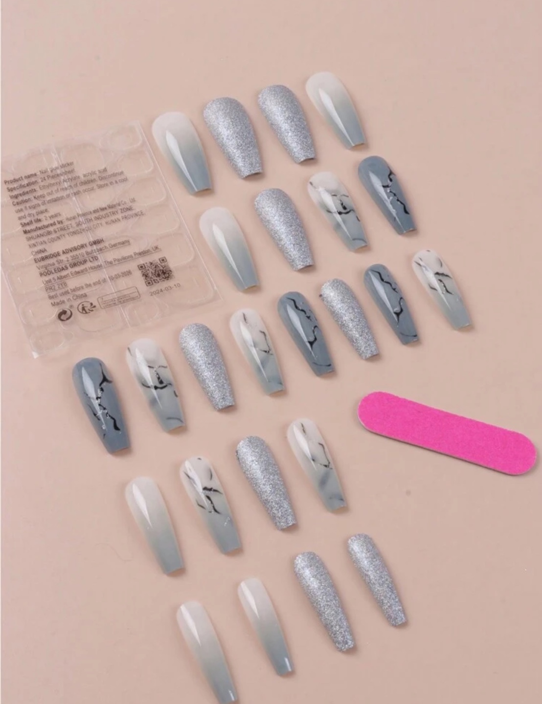 Elegant Grey Marble & Glitter Press-on Nails - photo 2