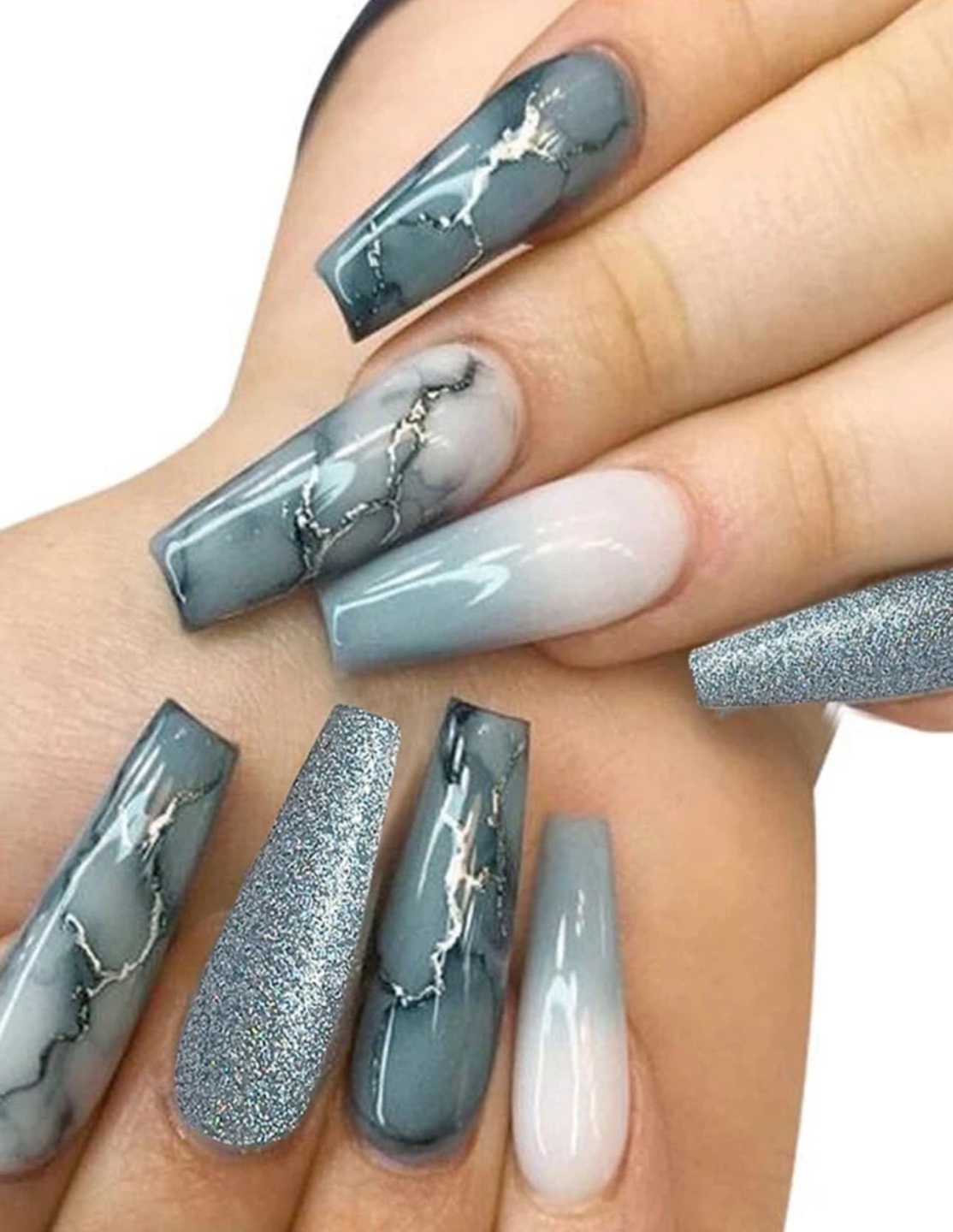 Elegant Grey Marble & Glitter Press-on Nails