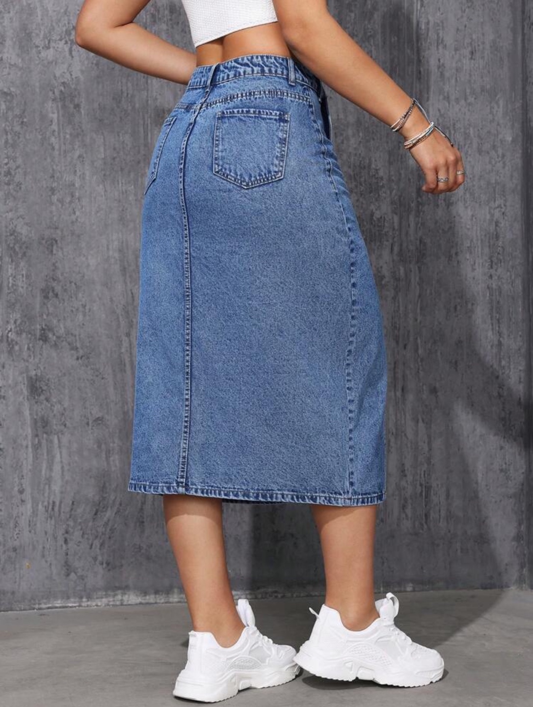 Women's Light Wash Denim Midi Skirt with Front Slit - photo 2