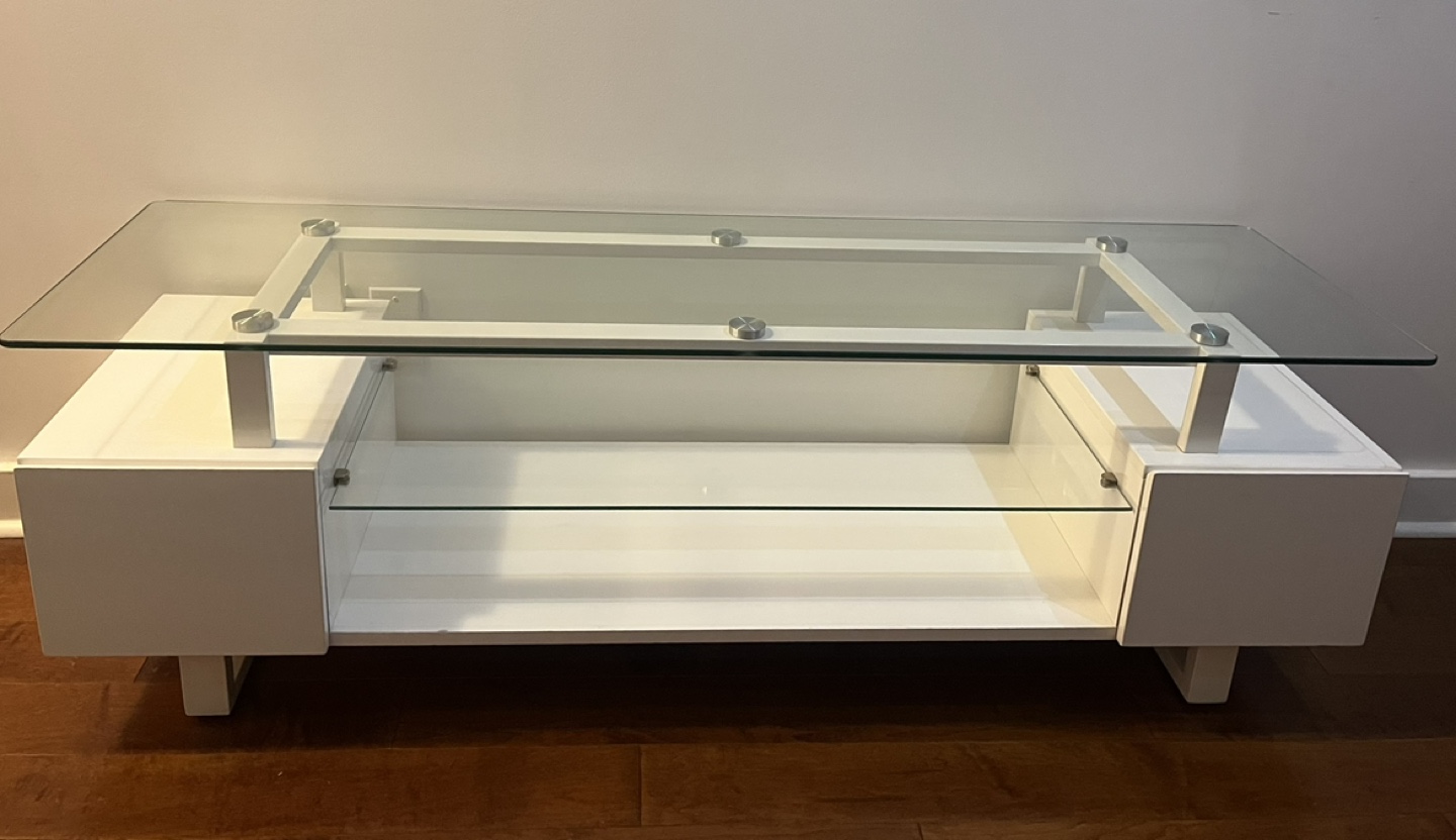 Modern White Coffee Table / tv stand with Glass Top - photo 3