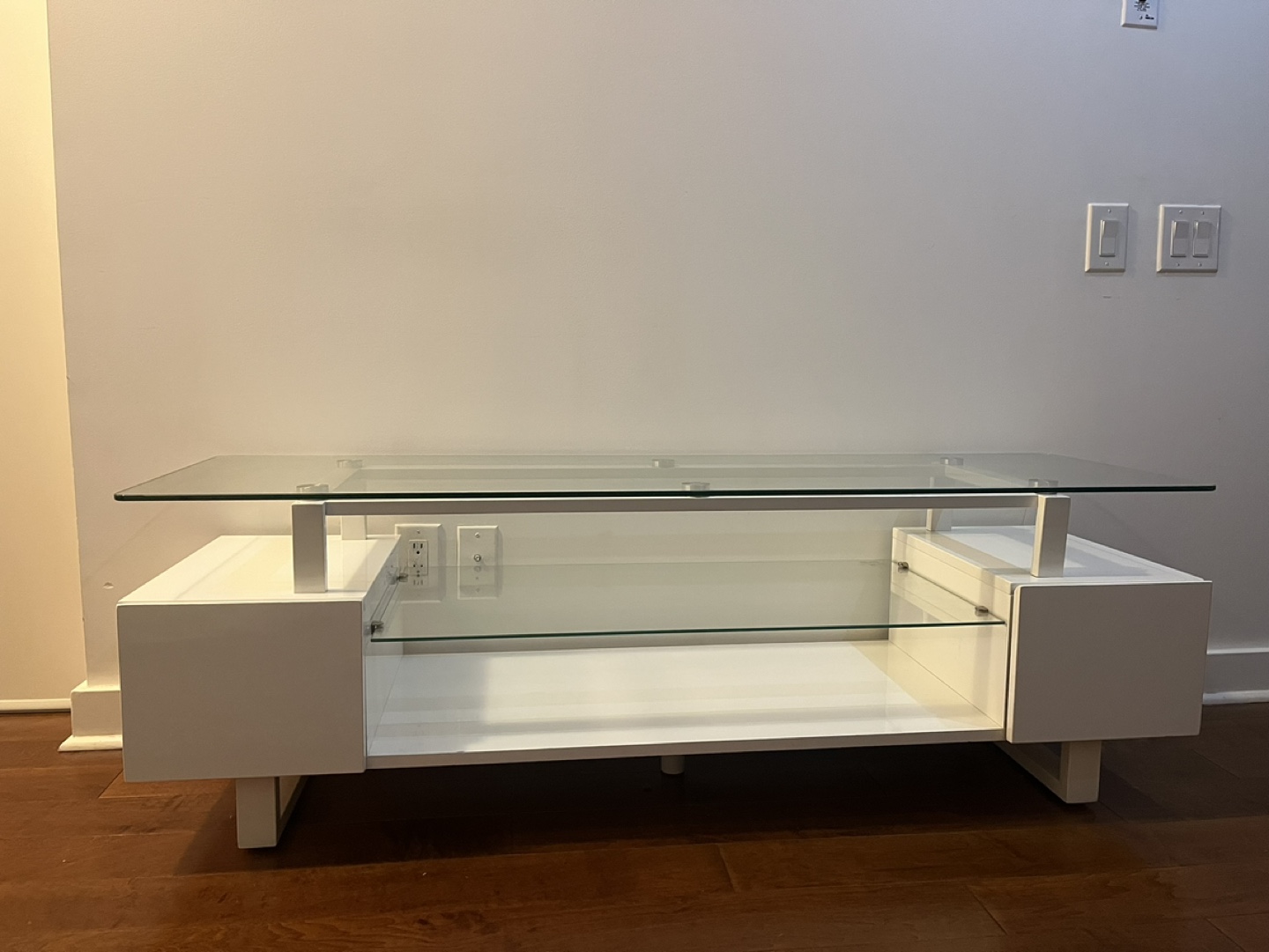 Modern White Coffee Table / tv stand with Glass Top