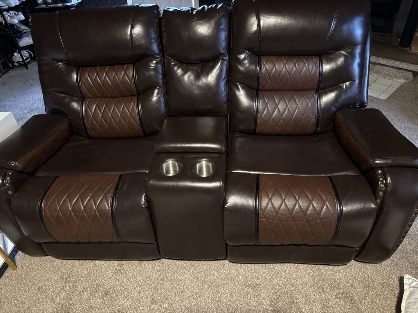 Brown Leather Reclining Loveseat and Sofa