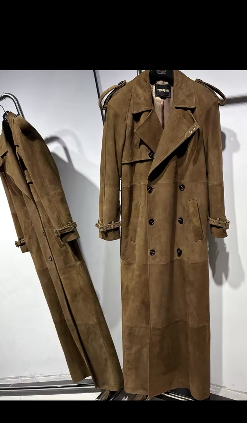 100% Genuine Suede Leather Longline Trench Coat