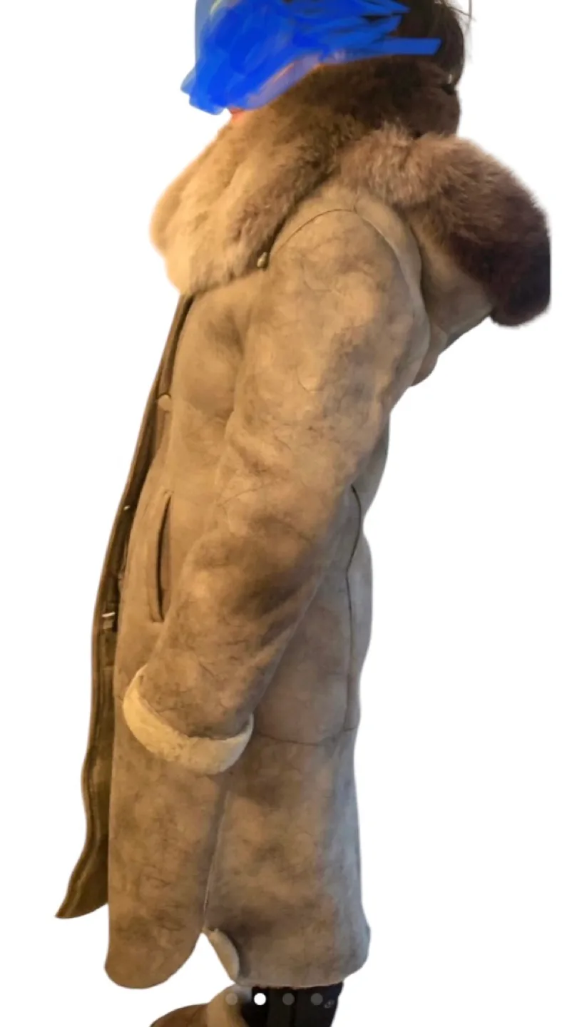 Women's Long Sheepskin Shearling Coat with Fur Hood image indicator(5)