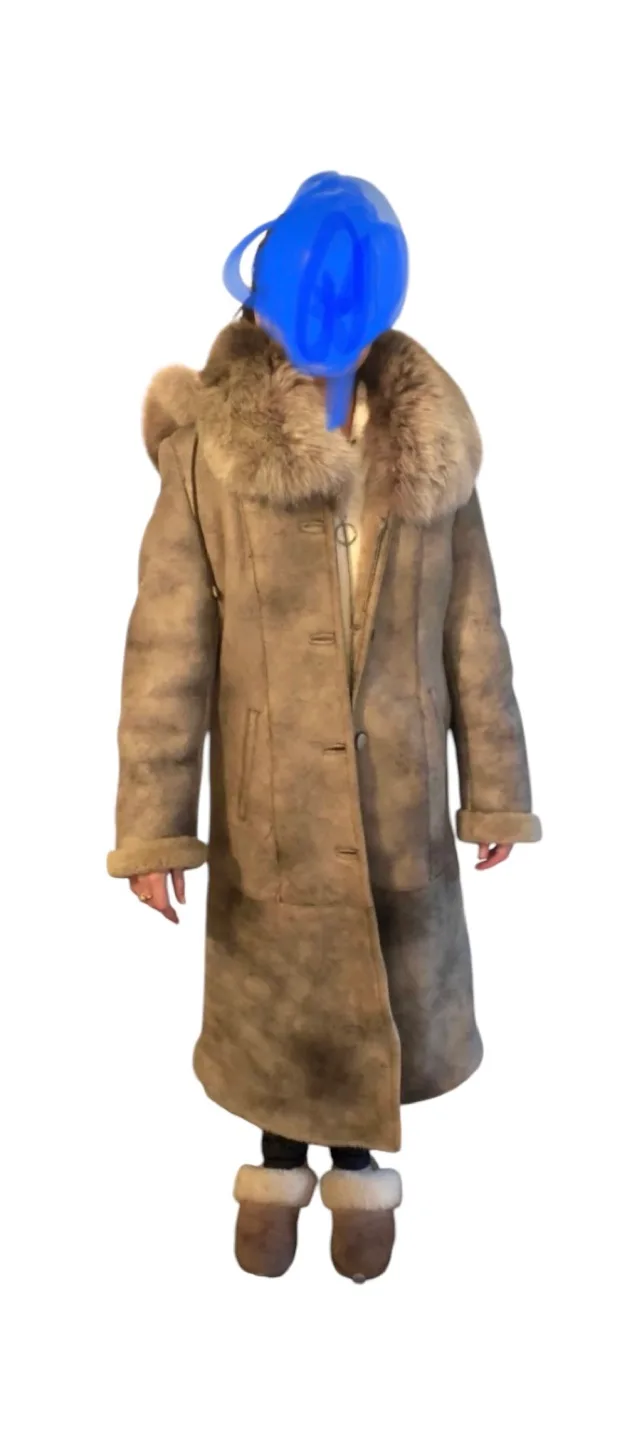 Women's Long Sheepskin Shearling Coat with Fur Hood image indicator(2)
