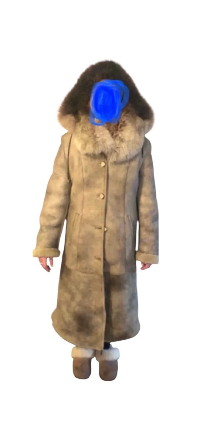 Women's Long Sheepskin Shearling Coat with Fur Hood image indicator(4)