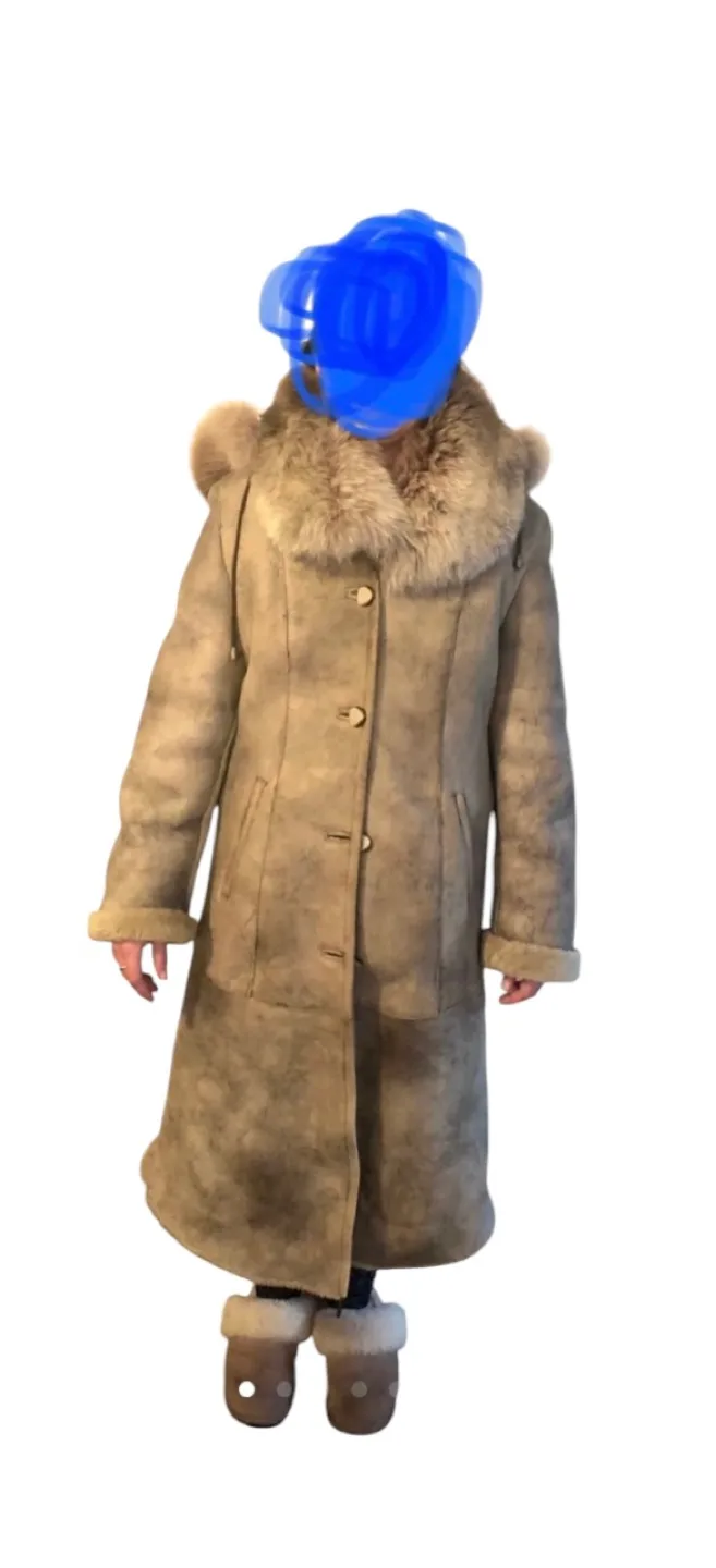 Women's Long Sheepskin Shearling Coat with Fur Hood image indicator(3)