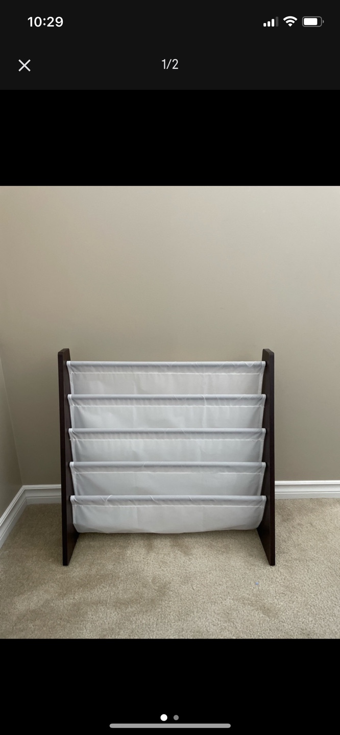 Kids Book Organizer - Dark Brown with White Fabric Bins