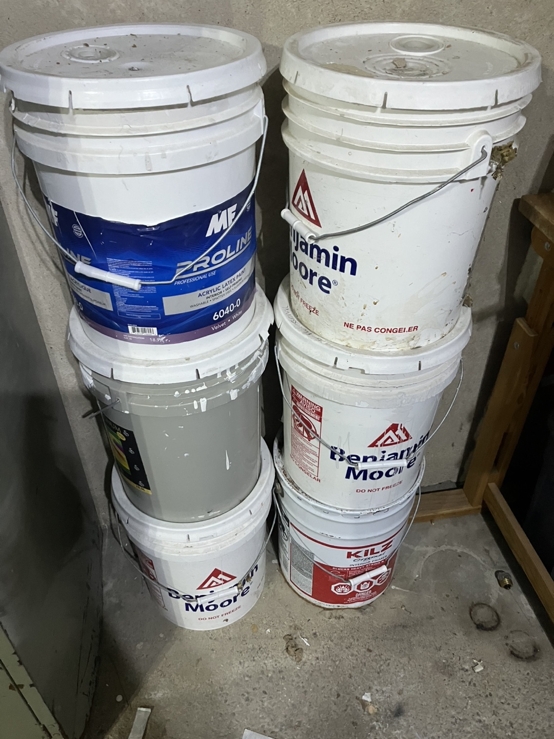 Assorted Paint Buckets - Benjamin Moore, PPG, MF Proline