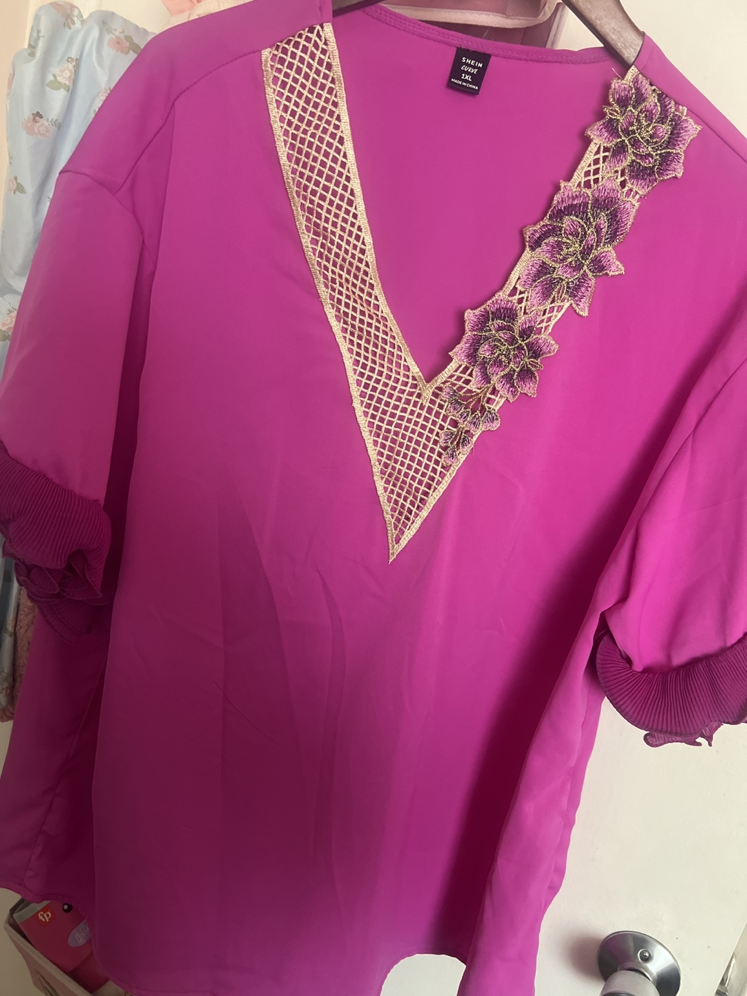 SHEIN Purple Blouse, Size 1XL, Embroidered Flowers