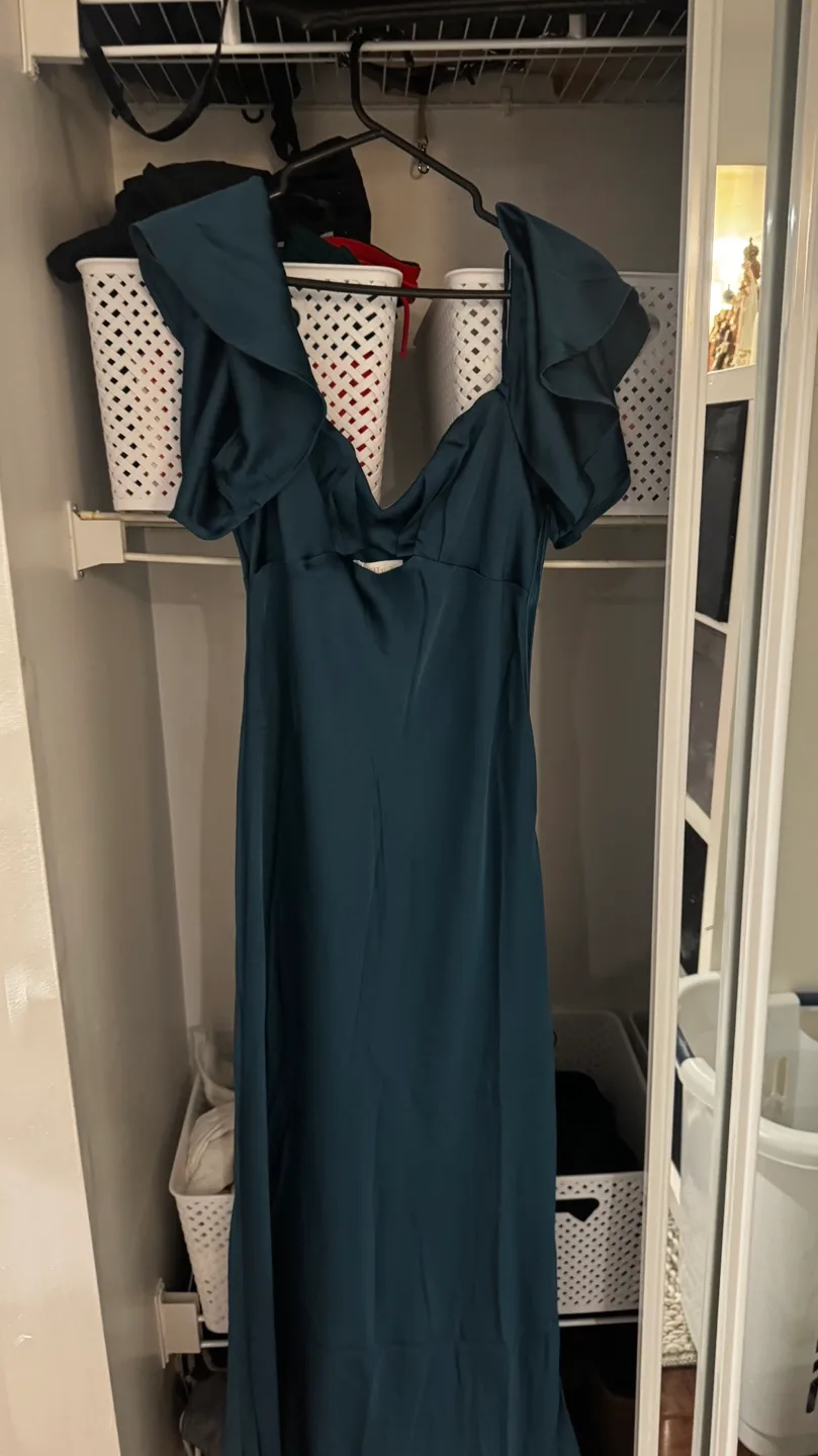 BILLY J. Teal Blue Satin Midi Dress Size 10 image indicator(3)
