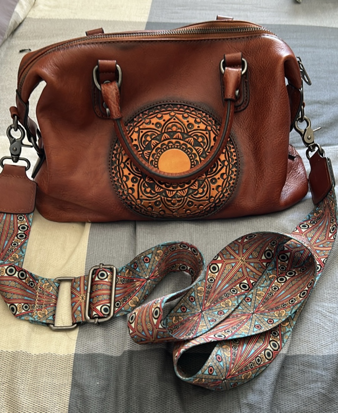 Brown Leather Handbag with Mandala Design & Adjustable Strap