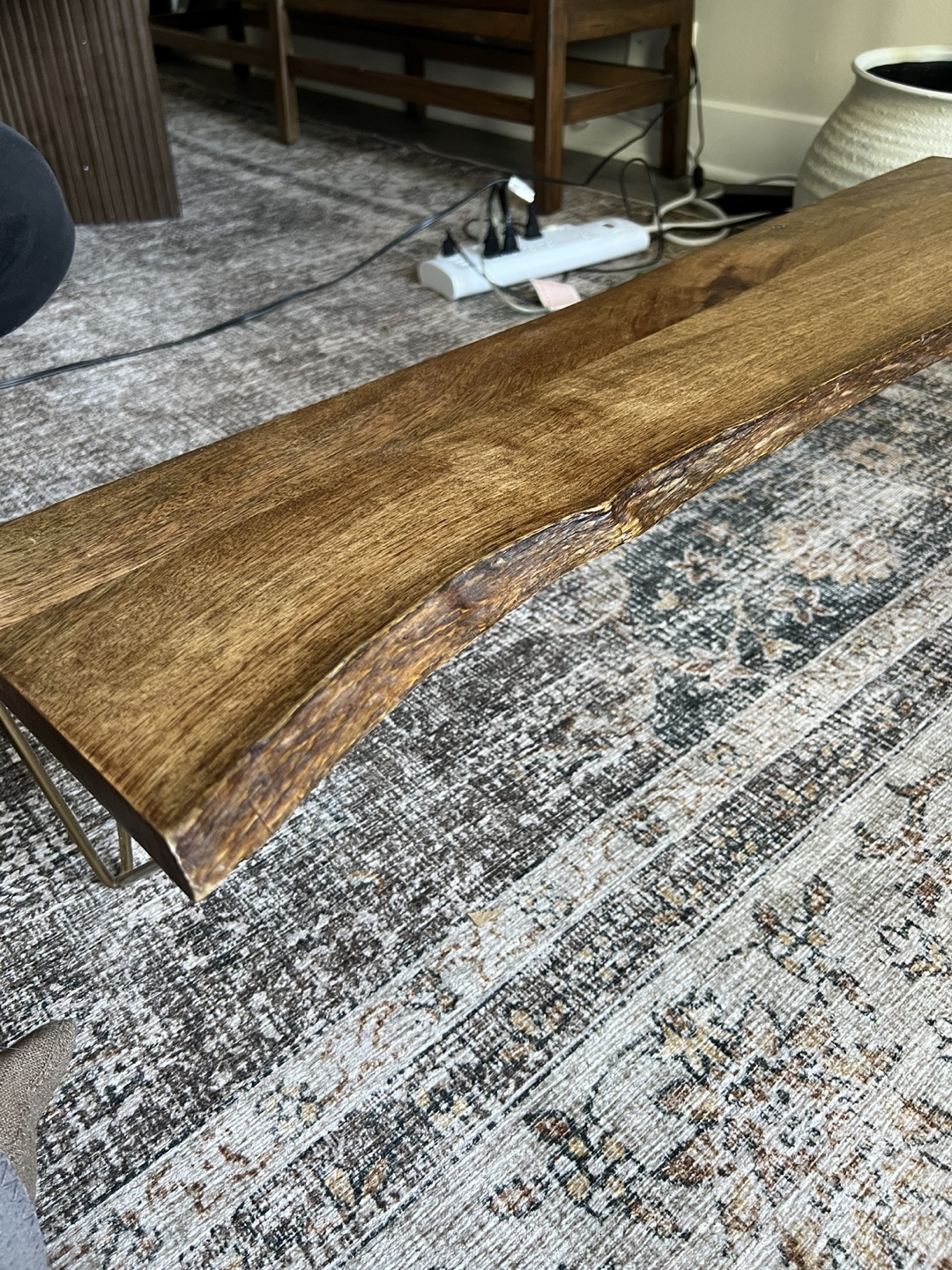Live Edge Wood Floating Shelf with Gold Hairpin Brackets