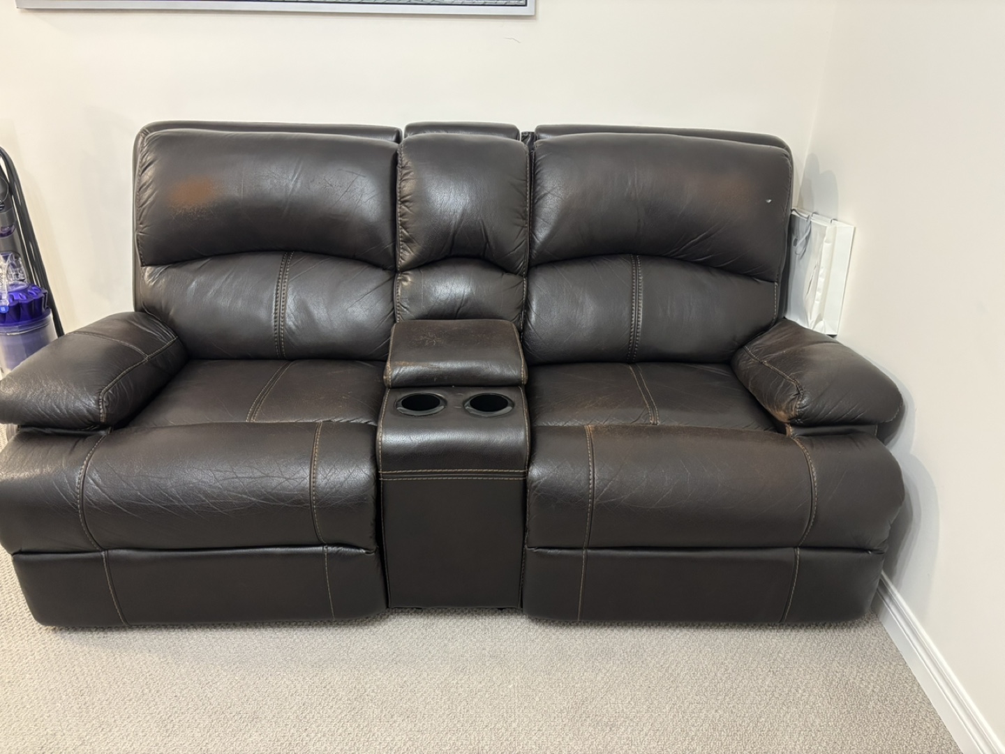 Brown Leather Reclining Sofa with Cup Holders